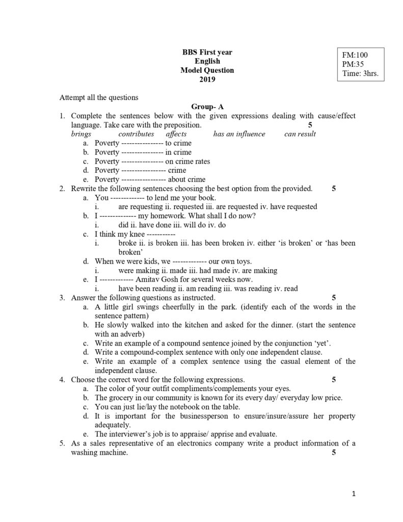BBS First Year Business English Model Question TU