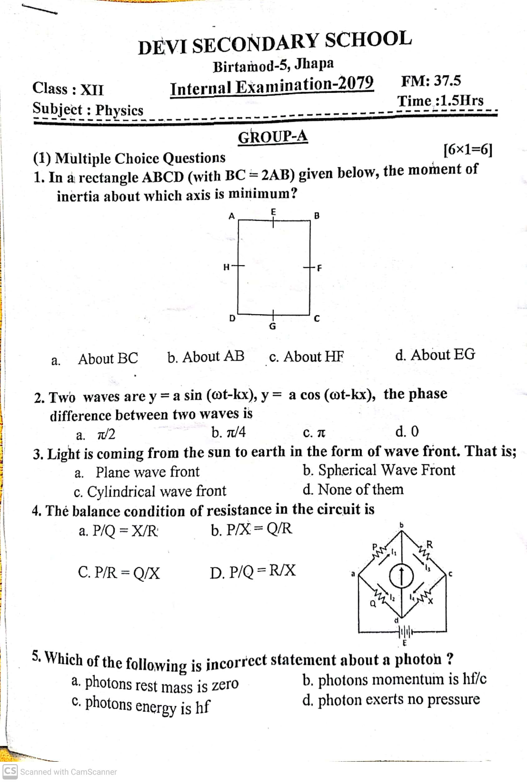 Class 12 Physics Internal Exam Question Paper 2079