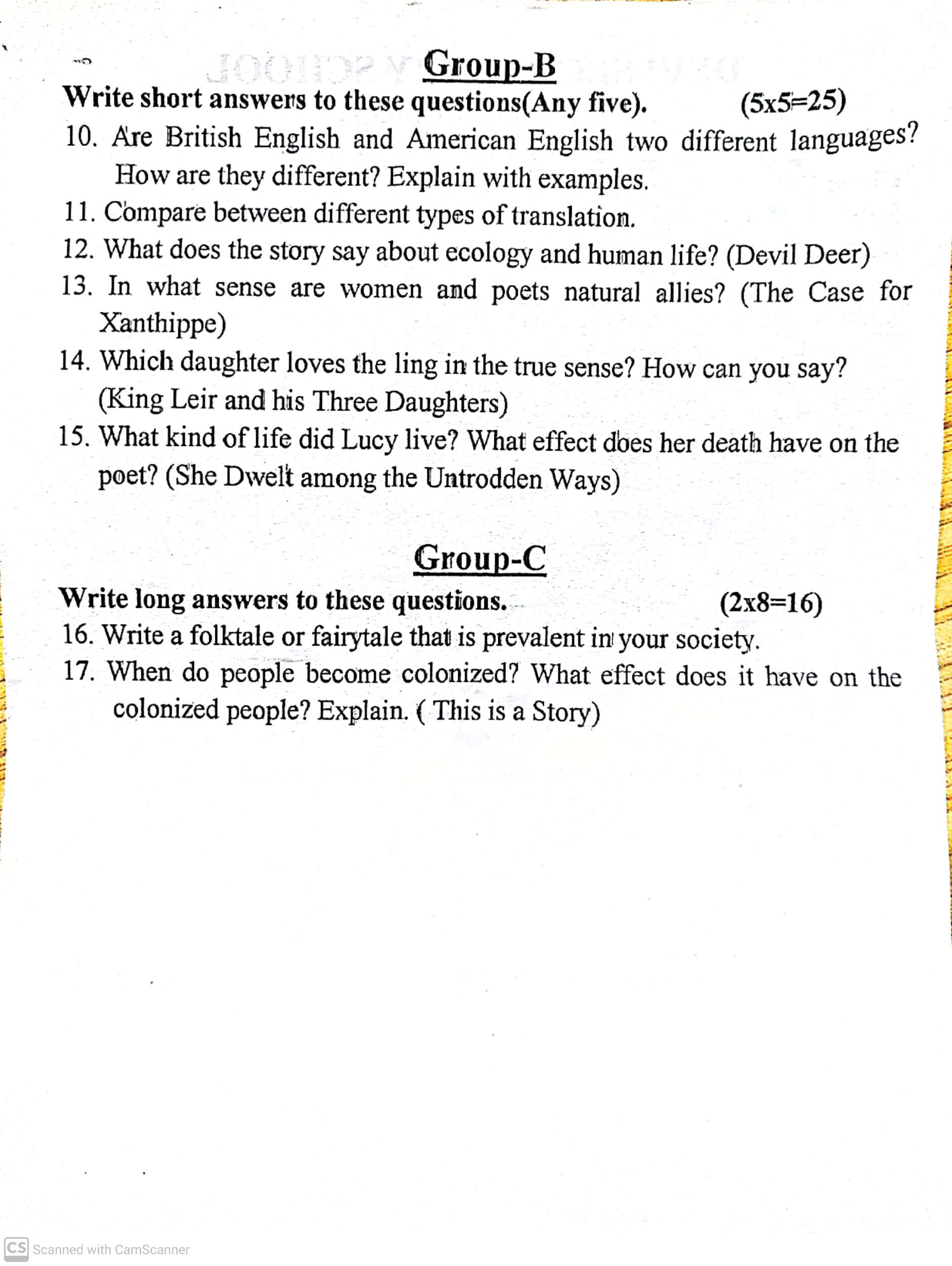 Class 12 Optional English Internal Exam Question Paper 2079