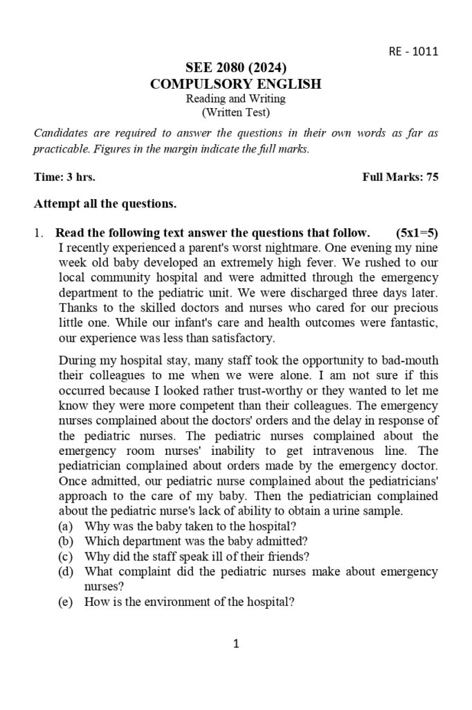 SEE Compulsory English Model Set 3 2080