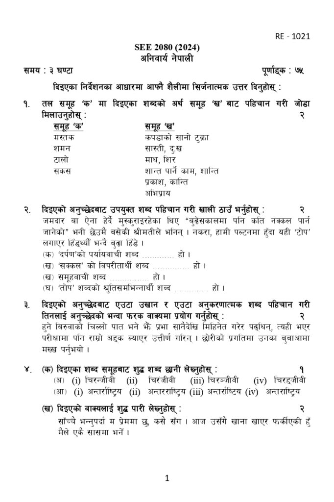SEE Compulsory Nepali Model Set 1 2080